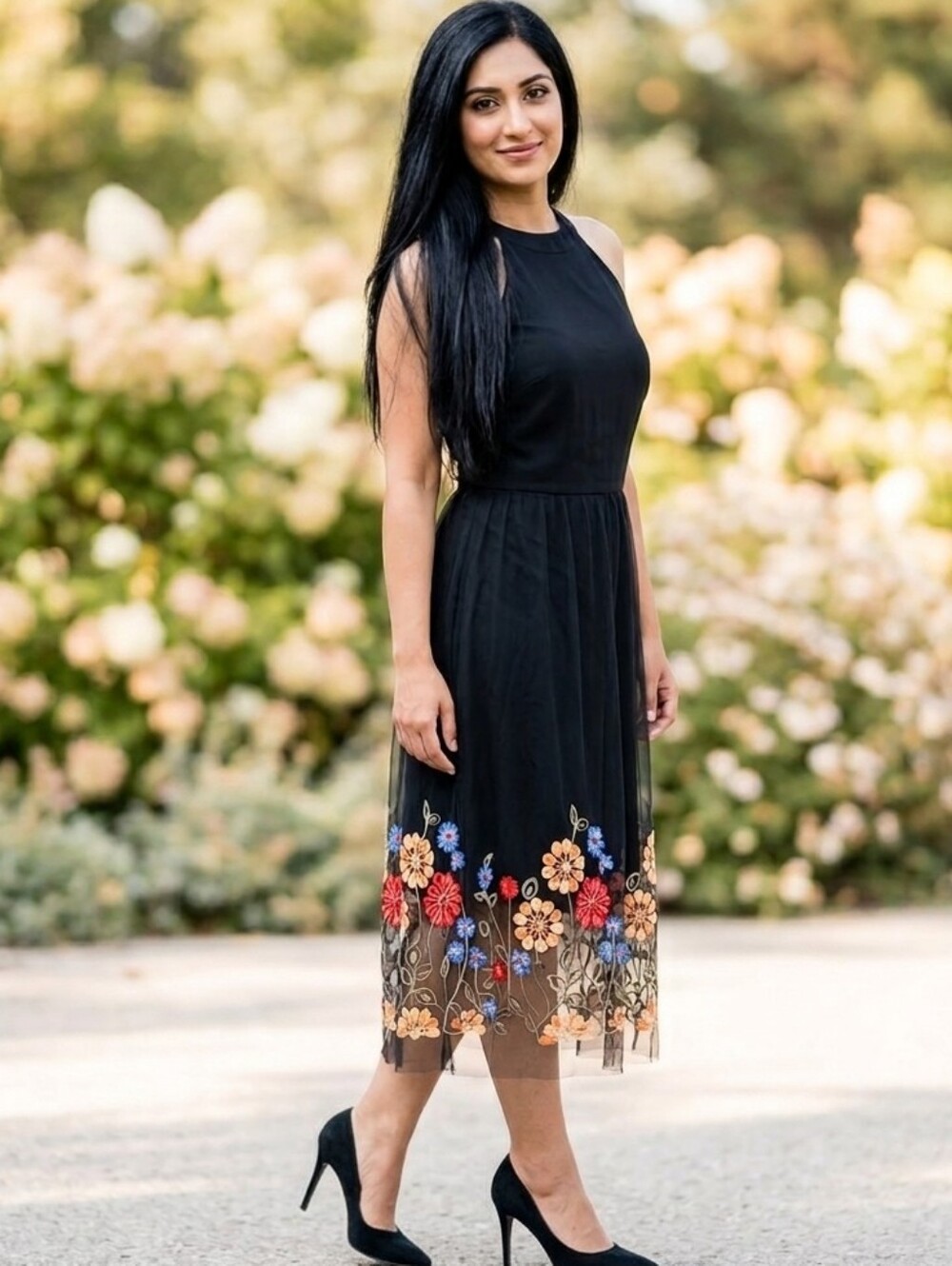 Pretty💐SHEIN Black Midi Dress with Floral Embroidery Tule Sz M